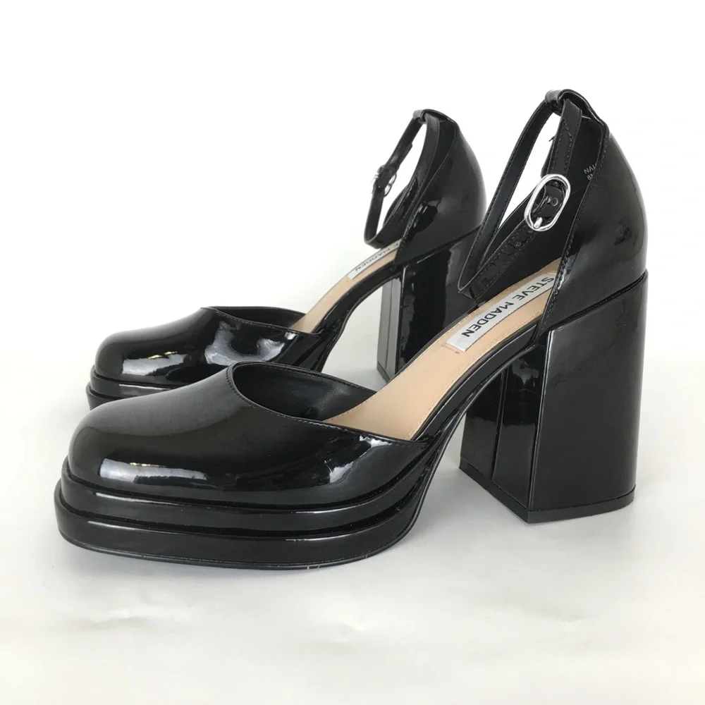 Steve Madden Naia Naia Mary Jane Pump Black Chunky Block Heel Platform Sz 8 Y2K